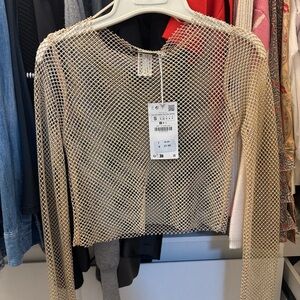 Zara Beige Mesh Long Sleeve Top